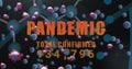 Image of virus cells over dna strand and pandemic text