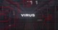 Image of virus text, binary codes and circuit board pattern over server room Royalty Free Stock Photo