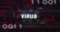 Image of virus text, binary codes over connected icons against circuit board pattern