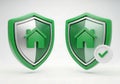 Two green shields with house icons and checkmark symbol representing home security and protection isolated on white background Royalty Free Stock Photo