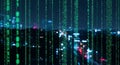 Digital Matrix Code Falling Over Cityscape at Night, Technology Concept Royalty Free Stock Photo