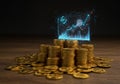 AI Driven Financial Growth: Stacks of Gold Coins with Digital Analytics Royalty Free Stock Photo