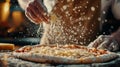 Handcrafted Artisan Pizza Preparation Sprinkling Cheese on Dough