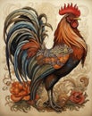 Chicken illustration hen vector, roosters image painting bright colorful drawing isolated object. orange-red-brown, multi-color