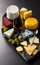 Assorted cheeses on black marble with green grapes and glass of red wine