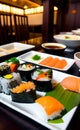 Isolated assorted sushi placed on white dish in a restaurant