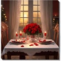 Romantic dinner for two. The table is covered with a white tablecloth with lace trim