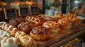 Assorted pastries showcased on wooden bakery table Royalty Free Stock Photo