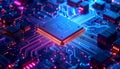 Futuristic AI Microchip on Neon Glowing Circuit Board, Advanced Digital Technology and Artificial Intelligence 3D Illustration Royalty Free Stock Photo