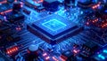 Futuristic AI Processor Chip on Glowing Circuit Board, Advanced Digital Technology and Artificial Intelligence 3D Illustration Royalty Free Stock Photo