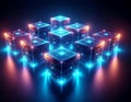 Futuristic Blockchain Network with Glowing Data Cubes, AI Technology and Digital Innovation 3D Illustration Royalty Free Stock Photo