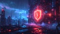Cyber Security Digital Shield Protecting Futuristic Smart City Network and Data Infrastructure Royalty Free Stock Photo