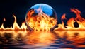 Surreal glass sphere surrounded by blazing flames reflected on rippling water surface at night Royalty Free Stock Photo