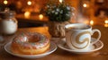 Steaming Coffee Mug and Sprinkle Donut on Cozy Table with Warm Lighting Royalty Free Stock Photo