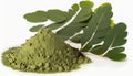 Moringa powder and green leaves on white background Generative AI Royalty Free Stock Photo