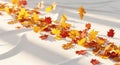 Scattered Autumn Leaves in Warm Colors on Soft White Surface (AI-Generated) Royalty Free Stock Photo