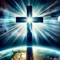 Abstract biblical crucifix floating over the planet earth, emitting rays of light Royalty Free Stock Photo