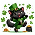 A black fur cat, dressed as a leprechaun with a bow tie and vest, dancing a jig surrounded by coins and four leaf clovers Royalty Free Stock Photo