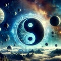 A giant Taoist yin yang symbol floating in space among planets