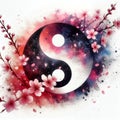 A Taoist yin yang symbol surrounded by cherry blossoms