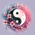 A Taoist yin yang symbol surrounded by cherry blossoms in pastel colors