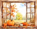 watercolor autumn window with dried leaves and pumpkins.