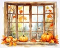 watercolor autumn window with dried leaves and pumpkins.