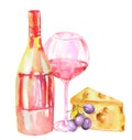 Image of the watercolor bottle of the red wine (champagne), glass with red wine, cheese and violet grape. Royalty Free Stock Photo