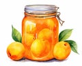 watercolor cartoon glass jar with peach apricot jam.