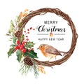 Image watercolor dry vine wreath with Bullfinches and holly. Royalty Free Stock Photo