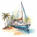 Image of Watercolor hand drawn illustration yacht and beach generative AI