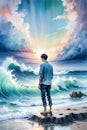 image of the watercolor painting back view of a man looks out over the crashing waves at the seaside.