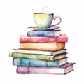 image of Watercolor stack of books with teacup Clipart