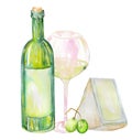 Image of the watercolor white wine bottle, glass of the white wine, Brie cheese and green grape. Painted hand-drawn in a watercolo Royalty Free Stock Photo