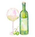 Image of the watercolor white wine bottle, green grapes and glass of the white wine. Painted hand-drawn in a watercolor on a white Royalty Free Stock Photo