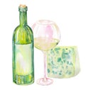 Image of the watercolor wine bottle, blue cheese and glass of the white wine. Painted hand-drawn in a watercolor Royalty Free Stock Photo