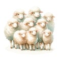 Farm Sheep flock on a spring day. Watercolor on a white background.