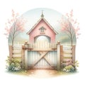 Farm gate on a spring day. Watercolor on a white background. Royalty Free Stock Photo