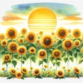 Sunflower field farm images in watercolor style designed with soft spring color, on a white backgroundPlow Royalty Free Stock Photo