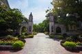 Welcome to Indiana University in Bloomington with brick boardwalk through Sample Gates