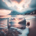 image of a whimsical world contained within a bottle drifting along the shores.