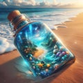 image of a whimsical world contained within a bottle drifting along the shores.