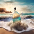 image of a whimsical world contained within a bottle drifting along the shores.