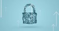 Image of white arrows pointing up over online security padlock on blue background Royalty Free Stock Photo