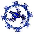 The Bluebird in the style Gzhel inside the circle on a white background.