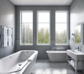 An image of a bathroom with a large bathtub, a sink, and a window with curtains. Royalty Free Stock Photo