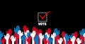 Image of white box with red tick and the word Vote and hands on black background.