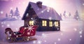 Image of white christmas snowflakes falling over snow covered house, sleigh and landscape Royalty Free Stock Photo