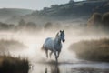 Image of white horse running on water in foggy morning time on natural background. Wild Animals. illustration. Generative AI Royalty Free Stock Photo