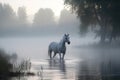 Image of white horse running on water in foggy morning time on natural background. Wild Animals. illustration. Generative AI Royalty Free Stock Photo